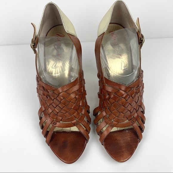 MISS SIXTY Leather Brown & Gold Sandal Cone Heels - Picture 10 of 13